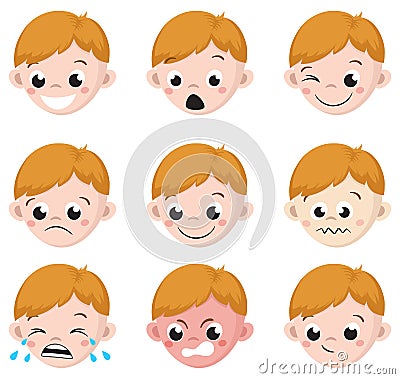 Boy Emotion Faces Cartoon. Isolated set of male avatar expressions Vector Illustration