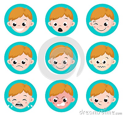 Boy Emotion Faces Cartoon. set of male avatar expressions. Vector Illustration