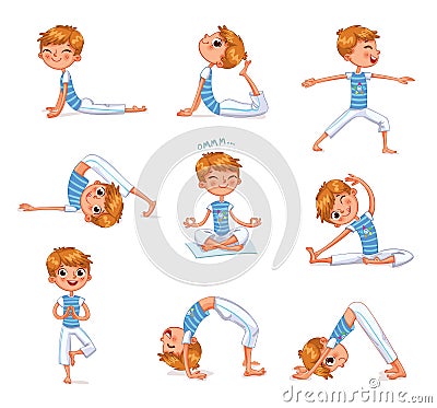 Boy engaged in physical exercises. Yoga kid Vector Illustration