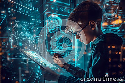 Boy engineer concentrating on programming artificial intelligence robot surrounded by holographic futuristic technology Stock Photo