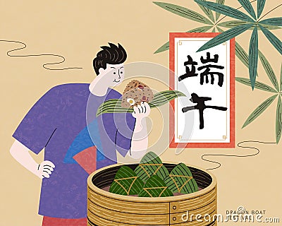 Boy enjoying delicious zongzi Vector Illustration