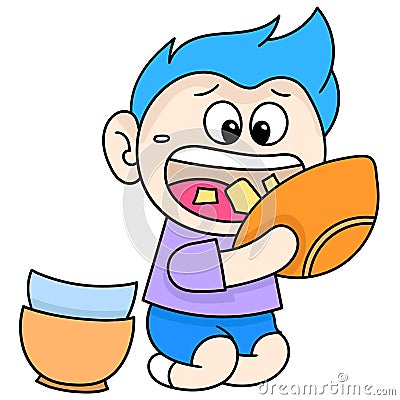 The boy is enjoying the food with gusto, doodle icon image kawaii Cartoon Illustration