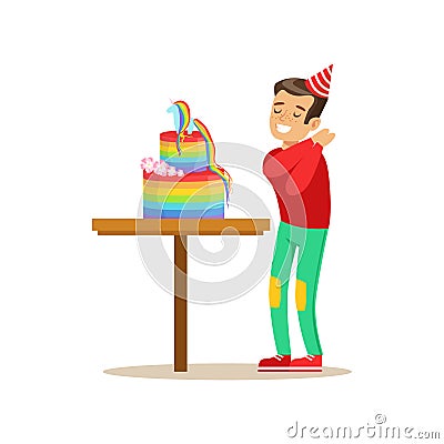 Boy Enjoying Rainbow Cake, Kids Birthday Party Scene With Cartoon Smiling Character Vector Illustration