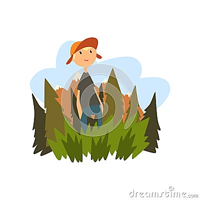 Boy enjoying summer vacation in countryside landscape vector Illustration on a white background Vector Illustration