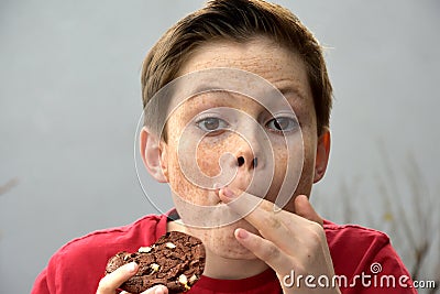 Boy enjoys pastry Stock Photo