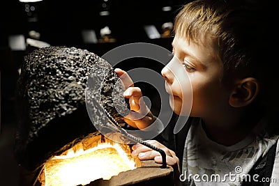 Boy examines natural mineral Editorial Stock Photo
