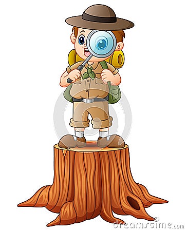 Boy explorer with magnifying glass on tree stump Vector Illustration