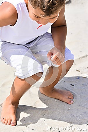 Boy exploring beach Stock Photo