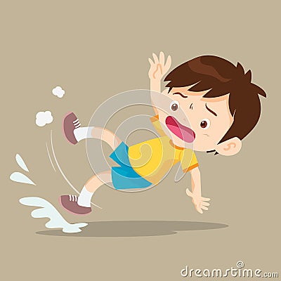 Boy falling on wet floor Vector Illustration