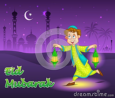 Boy with fanoos celebrating Eid Vector Illustration