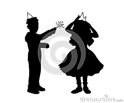Boy in festive hat holds magic wand in his hand and girl in dress corrects crown on her head. Monochrome vector Vector Illustration