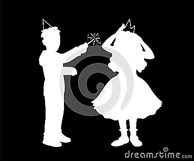 Boy in festive hat holds magic wand in his hand and girl in dress corrects crown on her head. Monochrome vector Vector Illustration