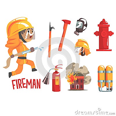 Boy Fireman, Kids Future Dream Fire Fighter Professional Occupation Illustration With Related To Profession Objects Vector Illustration