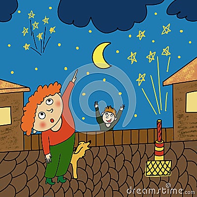 Boy and firework illustration colourful cartoon Cartoon Illustration