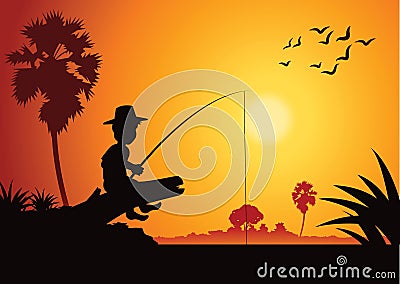 Boy fishing at riverbank to catch fish,around with country rural Vector Illustration