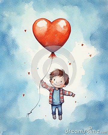 A boy flies a red balloon against a sky of hearts in this simple and highly romantic sticker design Cartoon Illustration