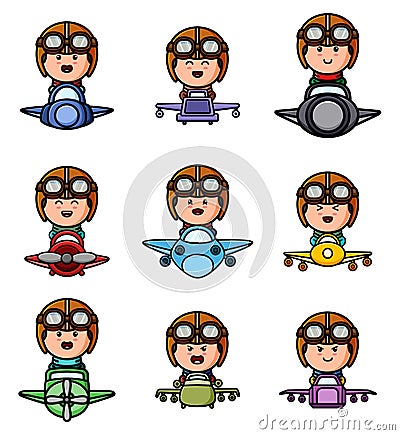 The boy flight the plane with the different expression mascot bundle set Vector Illustration