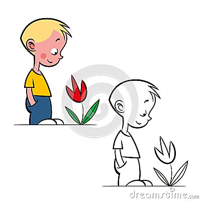 Boy and flower. An image of a little kid looking at a beautiful flower. Comic, cartoon. Vector Illustration