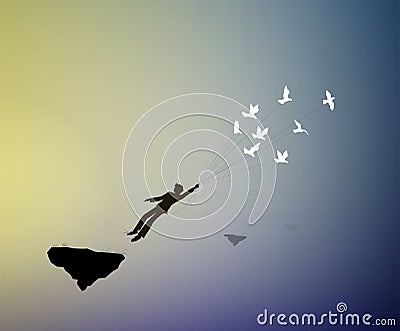 Boy is flying away and holding pigeons, fly in the dreamland, fly away in your dream to the heavens, shadows, life on Vector Illustration