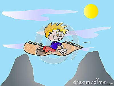 Boy on a flying carpet Cartoon Illustration