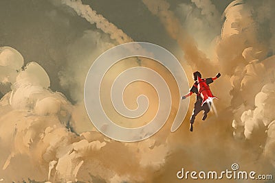 Boy flying in the cloudy sky with jet pack rocket Cartoon Illustration