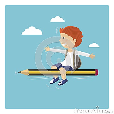 Boy flying in a pencil Stock Photo