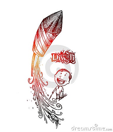 Boy flying rocket - Indian festival diwali celebration.- Hand Drawn Sketch Vector Illustration