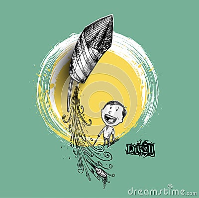 Boy flying rocket - Indian festival diwali celebration. Vector Illustration