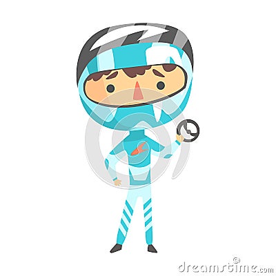 Boy In Formula One Racer Uniform Holding A Wheel Vector Cartoon Illustrations With Child Dreaming To Be A Racer. Vector Illustration