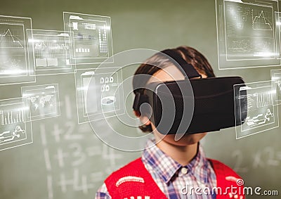 Boy in front of blackboard wearing VR Virtual Reality Headset with Interface Stock Photo