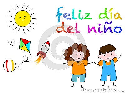 Boy and girl with arms up in happiness with a sun that surrounds them and toys, celebrating children`s day Stock Photo