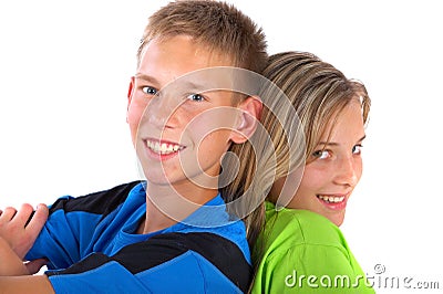 Boy and girl back-to-back Stock Photo