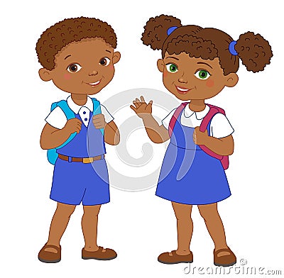 Boy and girl with backpacks pupil stay cartoon school Vector Illustration