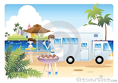 boy and girl barbecue by the beach. Vector illustration decorative design Vector Illustration