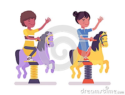 Boy, girl black child 7, 9 school age kid, horse spring rider Vector Illustration