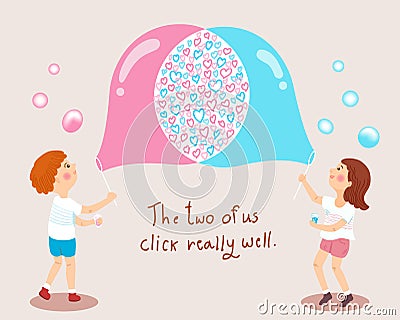 Boy and girl blowing soap bubbles love concept illustration Vector Illustration