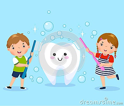 Boy and girl brushing white tooth Vector Illustration