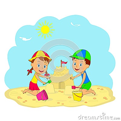 Boy and girl build sand castle Vector Illustration