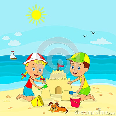 Boy and girl build sand castle Vector Illustration