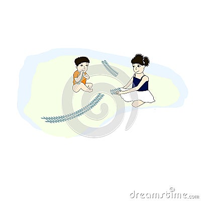 Boy and girl build toy railroad track flat design, children, design Vector Illustration