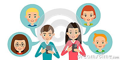 Boy and girl calling your friends. Cartoon man and woman talking on the phone. Using mobile handset. Modern means of Internet Vector Illustration