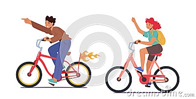 Boy and Girl Characters Bicycle Trip, Healthy Lifestyle, Outdoors Sport Activity. Teenagers Riding Bikes, Exercising Vector Illustration