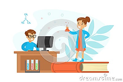 Boy and Girl Chemist Scientists Characters Experimenting with Mixing Chemicals, Children Doing Scientific Experiment Vector Illustration