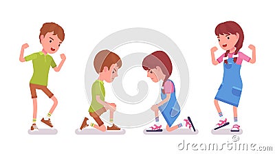 Boy, girl child 7 to 9 years old in anger with injury Vector Illustration