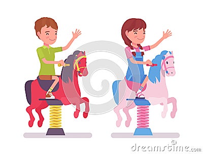 Boy, girl child 7, 9 yo school age kid, horse spring rider Vector Illustration