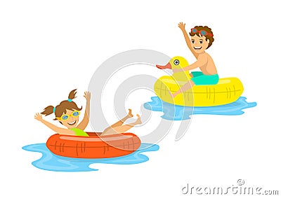 Boy and girl, children floating on inflatable rings Vector Illustration