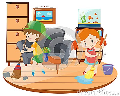 Boy and girl cleaning living room Vector Illustration