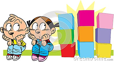 Boy and girl with colorful cubes Vector Illustration