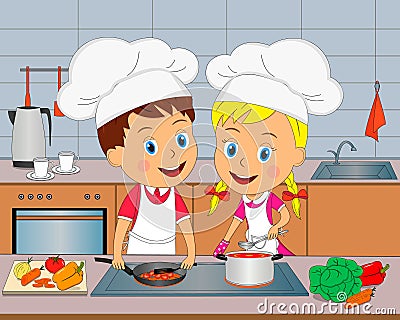 Boy and girl are cooking meal Vector Illustration