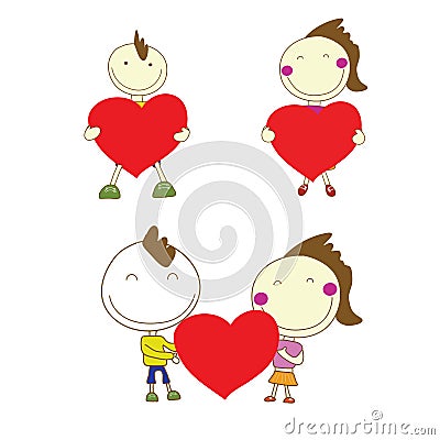 Boy and girl couple smile holding red heart for Valentine's Day Vector Illustration